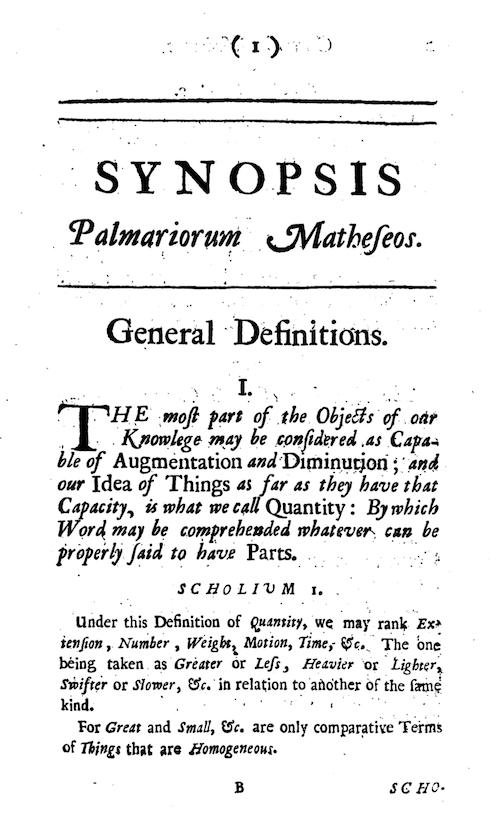 Jones's 1706 page containing the symbol pi.